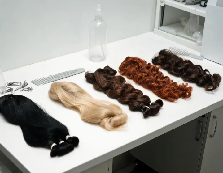 Human Hair Wig Sourcing on a cosmetics bench, illustration only
