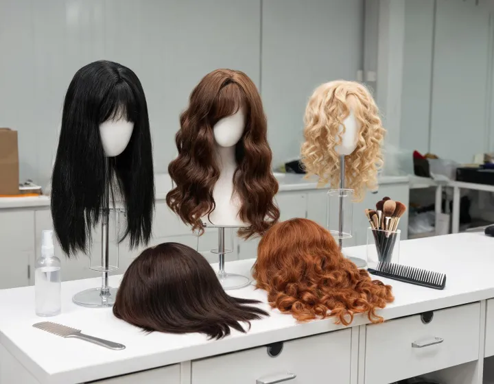human hair wig wholesale on a cosmetics bench, illustration only
