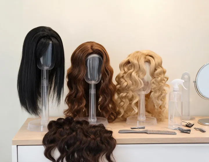 wholesale human hair wig vendors on a cosmetics bench, illustration only