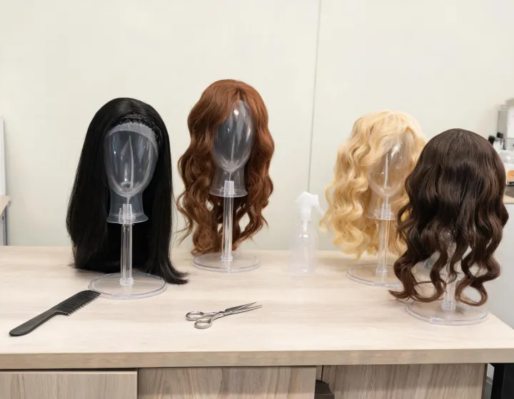 wholesale human hair wig on a cosmetics bench, illustration only